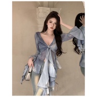 Glamorous Blouse Tie Dye Contrast Mesh Front Frill Blouse for Women L106AD939