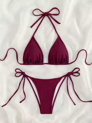 Summer wine red bow tie front tie bikini swimsuit set