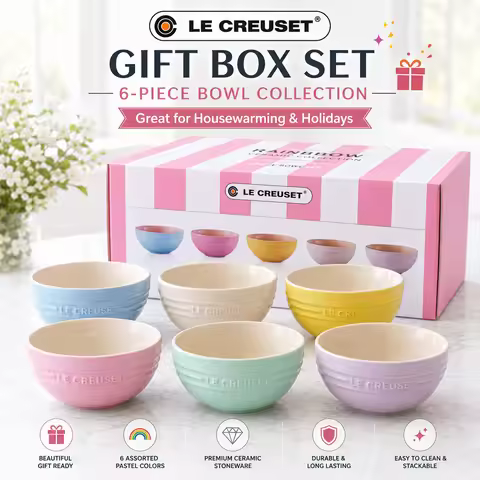 Le Creuset 4.7" Porcelain Bowls Set of 6: Stackable Rainbow Cereal & Dessert Bowls, Microwave Safe U