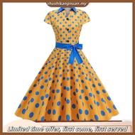 Ladies Retro Elegant Evening Party Dress Vintage Stand Collar Polka Dot Stitching Large Swing Dress 