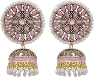 Bollywood Jewellery Traditional Ethnic Bridal Bride Wedding Bridesmaid Gold-Plated Embelished Pink Kundan and Faux Pearl Jhumka Earrings