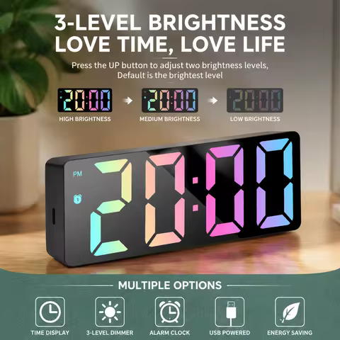Modern LED Mirror Alarm Clock, Electronic Digital Clock, RGB Silent Non-ticking, Modern Bedroom Dorm