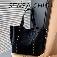 Black Leopard Print PU Shoulder Tote Bag, Side Metal Rivet Decor, Wide Long Handle Strap For Comfort