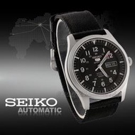 CASIO 時計屋_SEIKO 精工 SNZG15K1 軍用 運動機械錶 帆布錶帶 黑 防水100米 夜光設計 全新品
