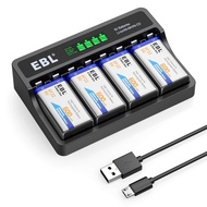 EBL 9V Li-ion Rechargeable Batteries 600mAh 4-Pack with LCD 9V Smart Battery Charger for 9 Volt Lith