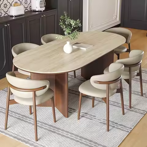 Dining Table and Chair Set: 160x80cm Sintered Stone Dining Table with Six Chairs and Solid Wood Legs