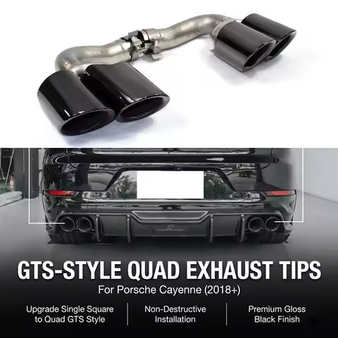 GTS Style Quad Exhaust Muffler Tip for Porsche Cayenne 9Y0 SUV (2018+) Square to 4-Out Tailpipe Upgr