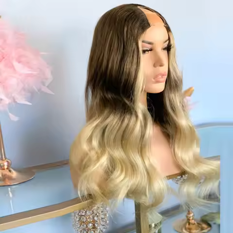 100% Human Hair U Part Wig Ombre Dark Blonde Balayage U Shape Wig For Women 2x4 Opening Human Hair W