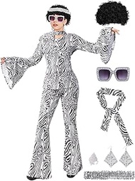 FEELJAM Women's Disco Outfit, Elastic 8-Piece Retro Set with Glitter, 70s Disco Outfit for Parties,