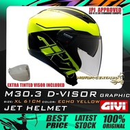 SET KOMBO TOPI KELEDAR GIVI JET HELMET M30.3 D-VISOR GRAPHIC ECHO NEON YELLOW + TINTED VISOR SIZE: X