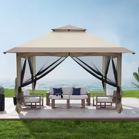 3.6x3.6m White Garden Gazebo, Double-Roof Design with 4-Sided Mesh Screen, Oxford Fabric Spray Coate