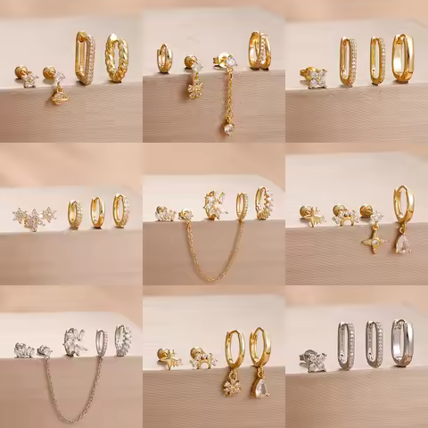 4PCS Fashion Star Moon Stainless Steel Zircon Stud Earrings Set For Women 114K Gold Plated Earring C