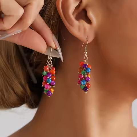 Retro Colorful Resin Beaded Earrings Female Fresh Summer Theme Design Dangle Drop Earrings Girls Ver
