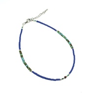 กำไลข้อเท้า สร้อยข้อเท้า หินเทอร์ควอยส์ หินลาพิสลาซูลี หินโกเมน ความยาว 9-10 นิ้ว โบฮีเมียน Turquoise, Lapis Lazuli, Garnet Tiny Seed Beads Bohemian Anklet