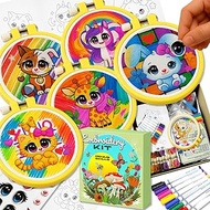 Genius Skills Embroidery Kit for Kids – Kawaii Cuties DIY Stitch Set – 5 Pre-Printed Cute Canvases,