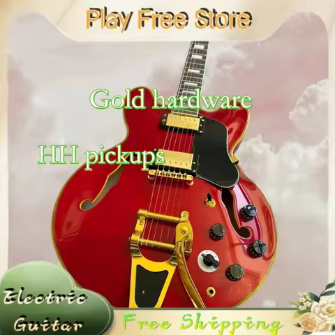 Transparent Red ES-335 Jazz Hollow Electric Guitar Big Tremol System HH Pickup Beginner Advanced Jaz