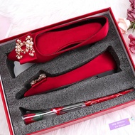 kasut nikah perempuan pengantin plus size tinggi wanita Wedding shoes female flat bottom  new red we