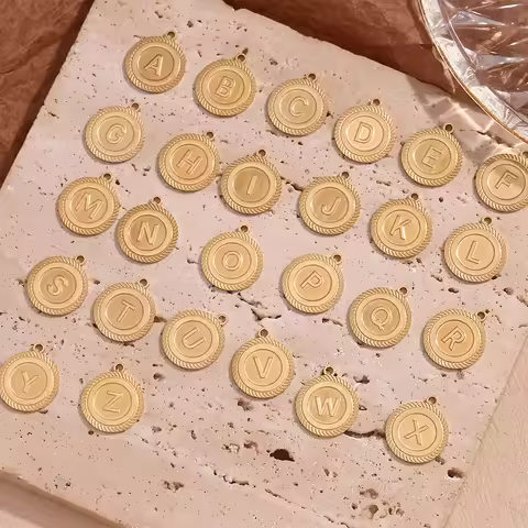 E.B.belle Striped Round Card Letter Pendant 18K Gold Plated Charms 316L Stainless Steel Jewelry Acce