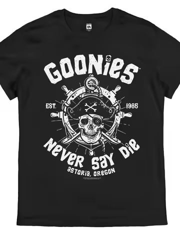Men's Goonies Never Say Die Retro T-Shirt Officially Inspired 80s Movie Logo Iconic Skull Crossbones