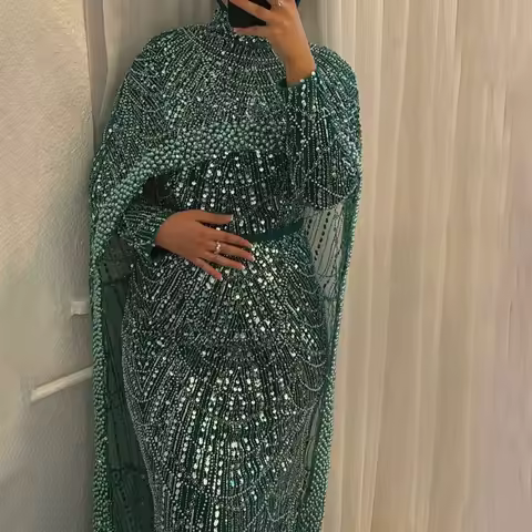 SERENE HILL Nude Muslim Hajab Arabic Mermaid Beaded Evening Dresses Gown With Cape Formal Occasion G