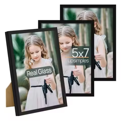 5x7 Picture Frame Set of 3 Made of High Definition Glass for 5 x 7 Black Frames Wall and Tabletop Di