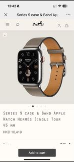 現貨Hermes apple watch S9/愛馬仕手錶/蘋 果智能手錶/運動手錶，45mm，銀盤，大象灰皮帶/硅膠/環保錶帶