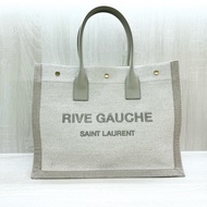 YSL米白帆布拚皮革手把刺繡字母購物托特包