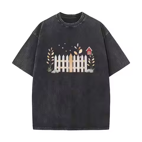 Rustic Wooden Fence and Small House Men's Summer T-shirt Cotton Vintage Washed T-Shirts