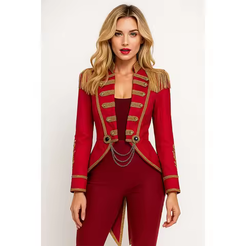 Custom Made Regency Queen Red Fringed Military Cosplay Costume Gothic Steampunk Ringmaster Jacket Sc