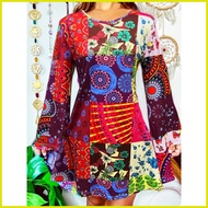 ◶ ☃ ⊙ 70s Women's Happie Costume Retro Print Flared Sleeve Dress with Headband Disco Costume Masque