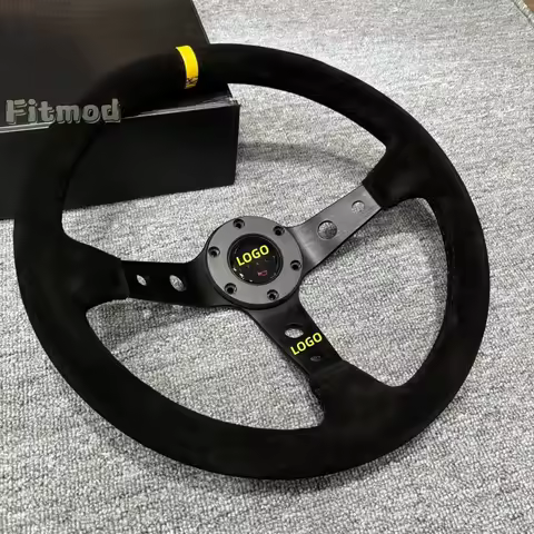 JDM 14-inch 350mm Deep Dish Racing Steering Wheel Suede/Leather Yellow Ring Black Stitch Sports Drif