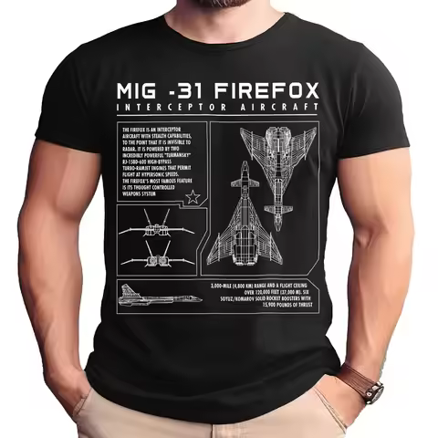 Soviet Russian MiG-31 Firefox Interceptor Aircraft Schematic T-Shirt 100% Cotton O-Neck Short Sleeve