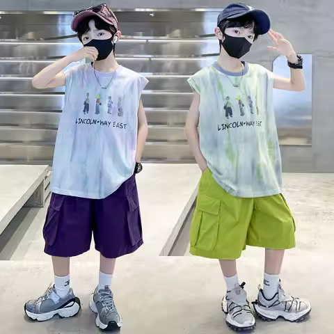 New Summer Kids Clothing Set Sleeveless T-shirt Suit with Shorts for Boy Luxurious Cotton Tracksuit 