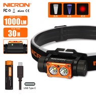 NICRON ไฟฉายคาดหัว H35UV ความสว่าง1000LM/395nm สีขาว/UV ไฟหน้า LED คู่แสงเลเซอร์สีแดงแบบพกพาไฟหน้ากันน้ำ18650ชาร์จไฟใหม่ได้ไฟฉาย H35UV