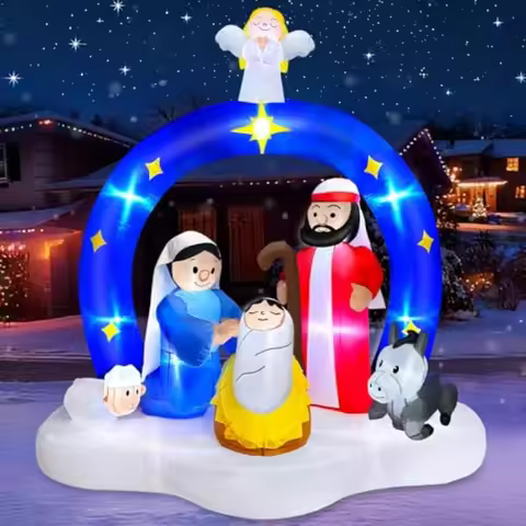 7 FT Tall Christmas Inflatables Nativity Scene with Angel Archway Outdoor Decorations, Blow Up Nativ