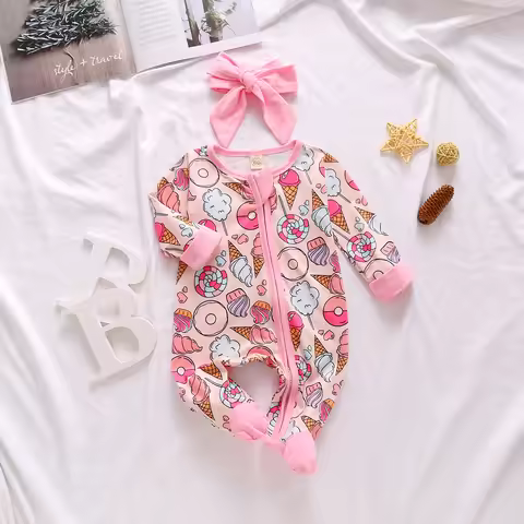 0-6M Newborn Baby Footies Cute Infant Girls Ruffles Long Sleeve Jumpsuit Cactus Donuts Print Spring 