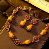 Medieval vintage Retro Literary Orange Color Glass Necklace Jewelry Feel Victoria Earrings 0W8F