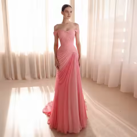 Sharon Said Elegant Pink Off Shoulder Evening Dress Pleated Simple Chiffon Formal Occasion Party Gow