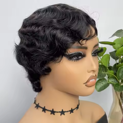 Short Wigs Human Hair Wigs For Women Pixie Cut Human Hair Finger Wave Wig Natural Color Sans Colle H