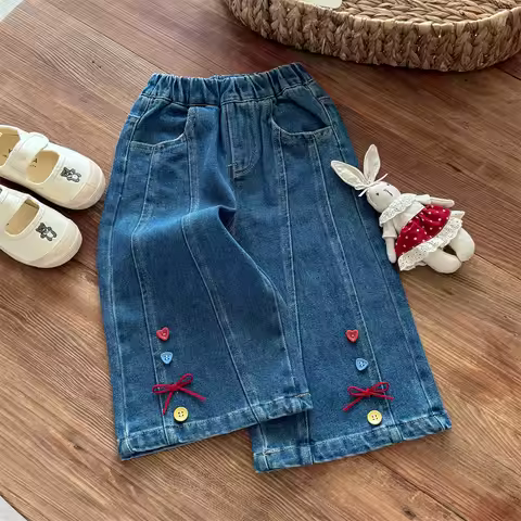 2025 Autumn New Girls Denim Pants High Waist Hearts Button Bows Wide Leg Jeans 2-8Y Children Versati
