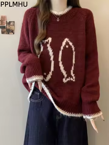 O-Neck Fish Pattern Pullover Sweater Women's Casual Contrasting Color Knitted Sueter Fashion Soft Lo