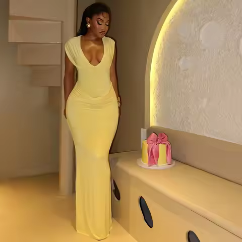Pakistani Woman Dress Indian Long V Neck Sleeveless Dresses Pencil Dress Ruched Waist Yellow Maxi Dr
