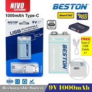BESTON 9V 1000mAh/650mAh Lithium Rechargeable USB Type-C & Micro USB 2 Hours Fast Charging 9v Li-ion