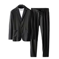 1 Set Autumn Men Blazer Pants Stripe Pleats Jacket Drawstring Pants Casual Suit for Wedding