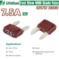 100PCS Littelfuse 7.5A 32V Fast-Acting MINI Blade fuse LF 32Vdc 7.5Amp 029707.5WXNV Brown Transparen