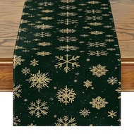 1pc Line Festive Christmas Table Runner - Rectangular Dark Green With Golden Snowflakes, Perfect For