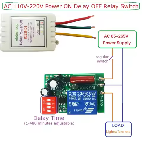 1-480Min Timer Adjustable Disconnect Delay Controller AC 110V 220V Power-ON Delay OFF Relay Switch 7
