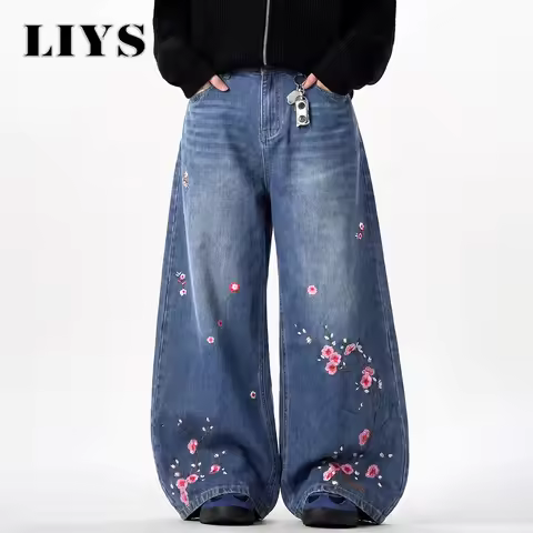 LIYS Men's Retor Plum Blossom Embroidered Baggy Jeans Blue Washed Wide Leg Denim Streetwear Casual D