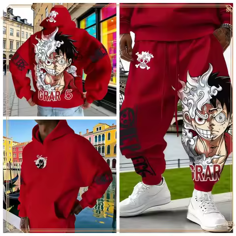 One Piece Luffy Gear 5 Hoodie Pants Set Red Cotton Tracksuit with Character Print on Hoodie Front Pa