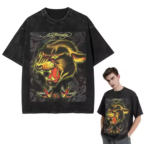Streetwear T-Shirts Ed-hardy Tattoo Tiger Skull Washed T Shirt Short Sleeve Hip Hop T-Shirt Tops Tee